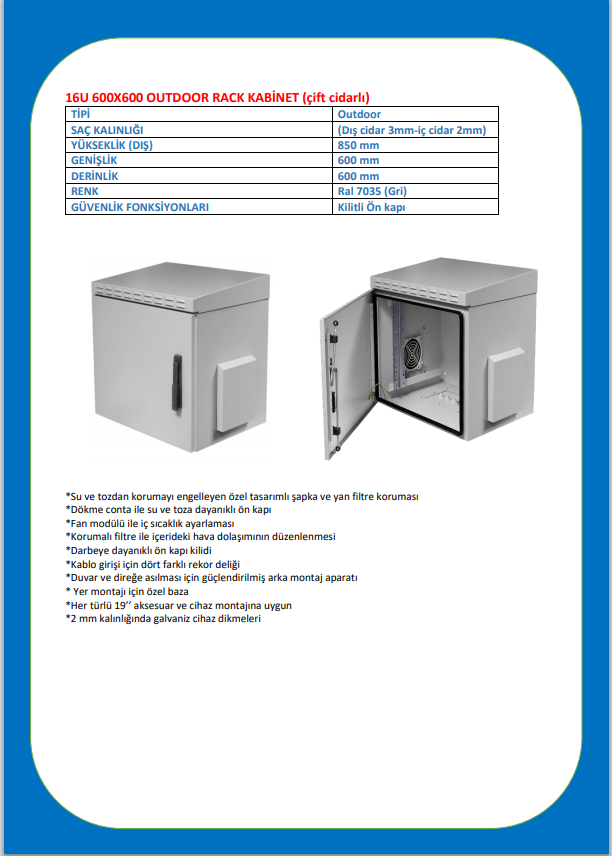 12U 600X600 OUTDOOR KABİNET (ÇİFT CİDARLI)-DATASHEET